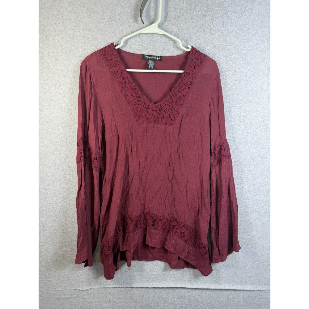 Living Doll Tunic Top Womens XL Red Lace Boho Peasant Bell Sleeve Blouse